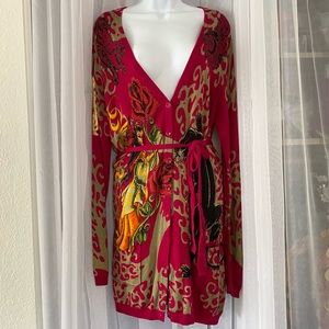 Sz XL Christian Audigier Ed Hardy tattoo sweater dress with rhinestones Y2K